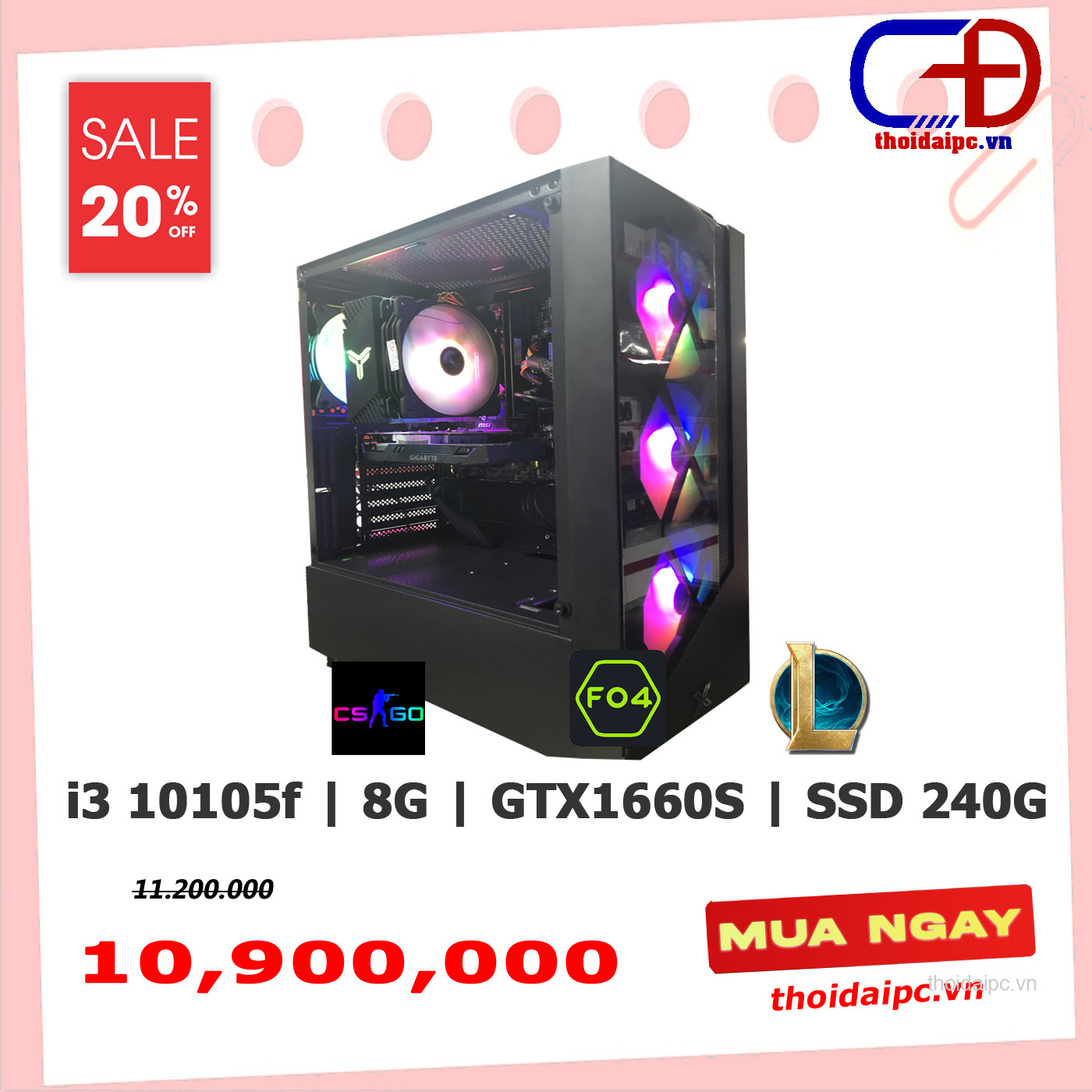 PC GAMING (H410/i3 10105F/Ram 8G/GTX 1660s/SSD 240G/X550III)